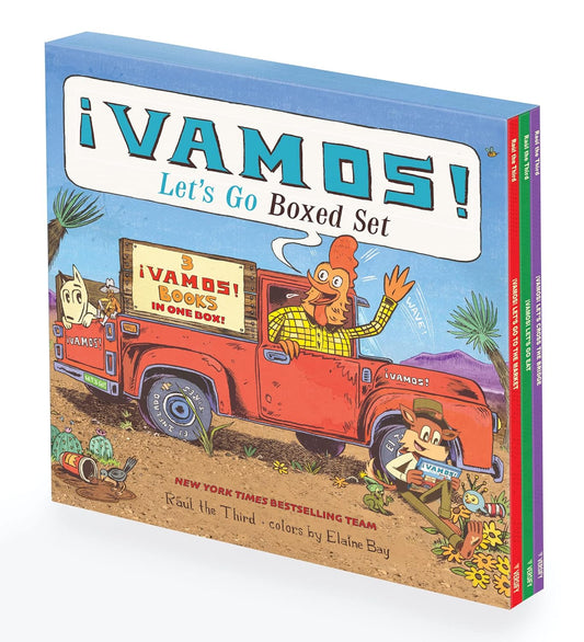 The Vamos! Lets Go Box Set cover depicts border town adventures with characters in a red truck amid a desert. Packed with vibrant, playful art, this bilingual set by Raúl the Third and colored by Elaine Bay comprises three stories ideal for learning Spanish.