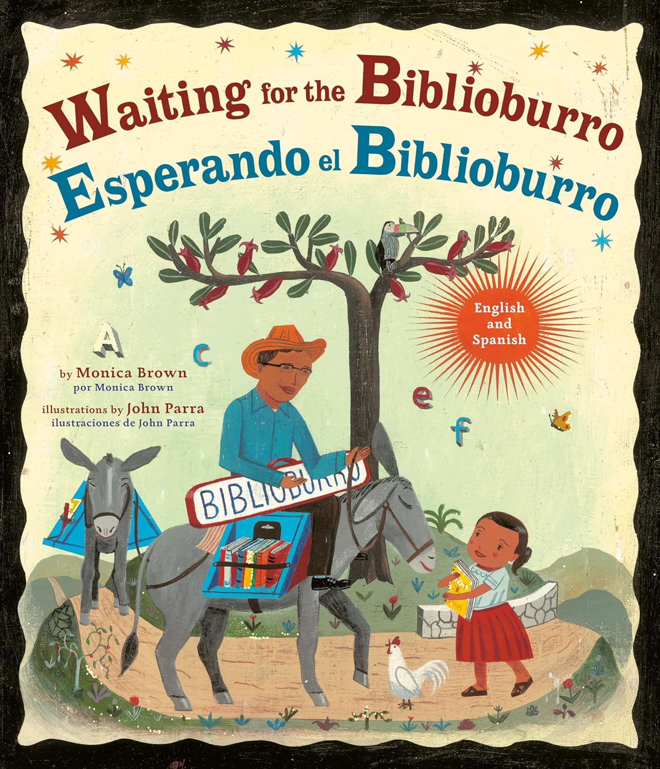 The bilingual cover of Waiting for the Biblioburro/Esperando El Biblioburro features a man on a donkey, part of a mobile library labeled Biblioburro, approaching a young girl with her book, surrounded by letters and colorful decorations.