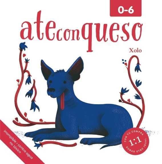 A package named Xolo features a blue dog with decorative vines, inspired by Ciudad de México. It includes labels ate con queso, 0-6, and a donation symbol for primeros lectores. The product is non-toxic and water-resistant.